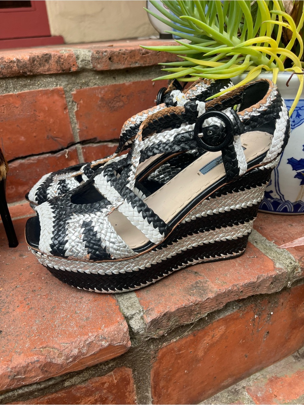 2 pairs, Prada silver black wedges and Manolo Blahnik pony hair tie pumps - Picture 5 of 11
